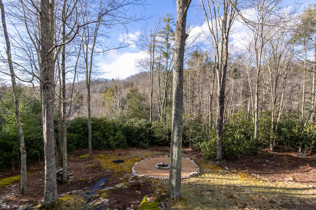 A newly built fire pit sits in a clearing, surrounded by tall trees and with a glimpse of the mountains in the background. The setup invites guests to gather for campfire evenings, stargazing, and sharing stories under the open sky.